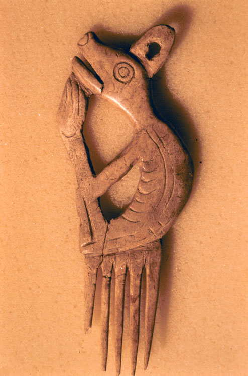 Creatures A comb with a creature depicted in a way that exaggerates their most identifiable features, with large heads, eyes, and snouts or beaks.