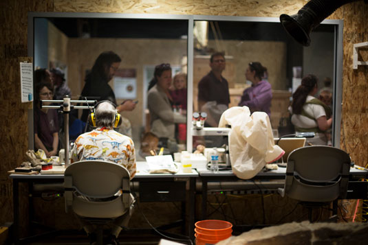 Testing, Testing 1-2-3 visitors look into the temporary fossil prep lab in the testing, testing 1-2-3 exhibit