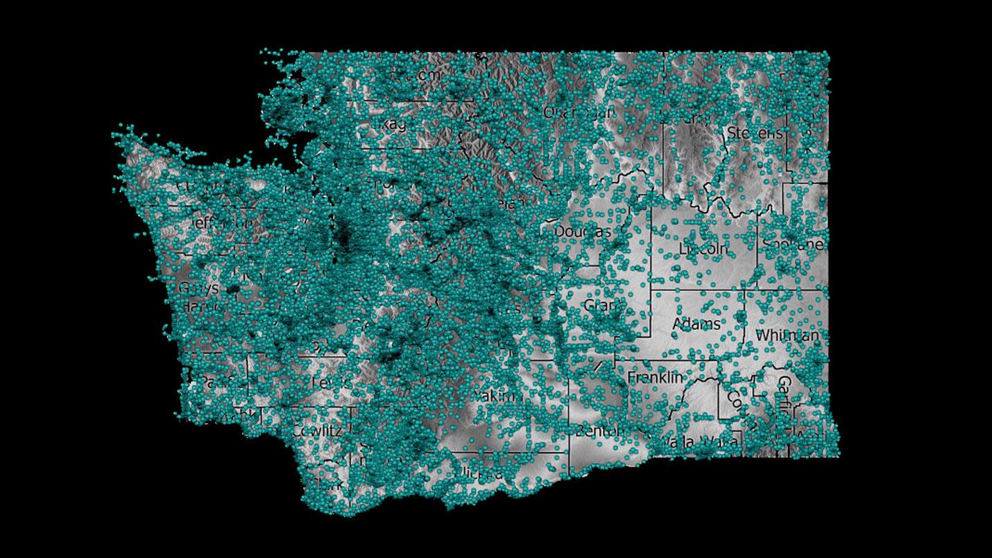 washington state map with dots on it indicating where collections came from